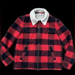 LL Bean Signature Sherpa Lined Buffalo Plaid Jacket - Throwback Red & Black S